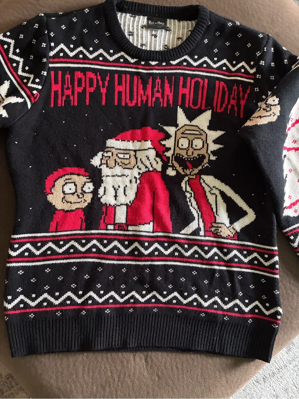 Rick and Morty Black "Happy Human Holiday" Crewneck Sweater LARGE